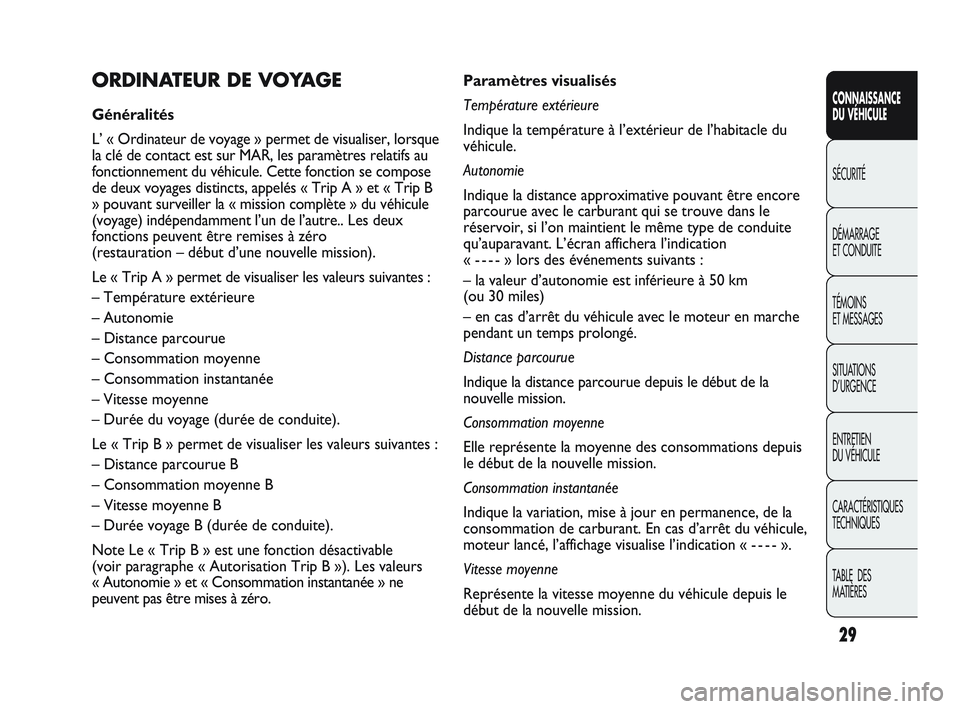 Abarth Punto 2012  Notice dentretien (in French) Paramètres visualisés
Température extérieure
Indique la température à l’extérieur de l’habitacle du
véhicule.
Autonomie
Indique la distance approximative pouvant être encore
parcourue ave