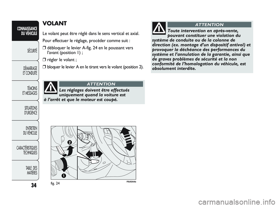 Abarth Punto 2012  Notice dentretien (in French) 34
CONNAISSANCE DU VÉHICULE
SÉCURITÉ
DÉMARRAGE 
ET CONDUITE
TÉMOINS 
ET MESSAGES
SITUA

TIONS 
D’URGENCE
ENTRETIEN 
DU VÉHICULE
CARACTÉRISTIQUES TECHNIQUES
TABLE  DES MATIÈRES
Les réglages 