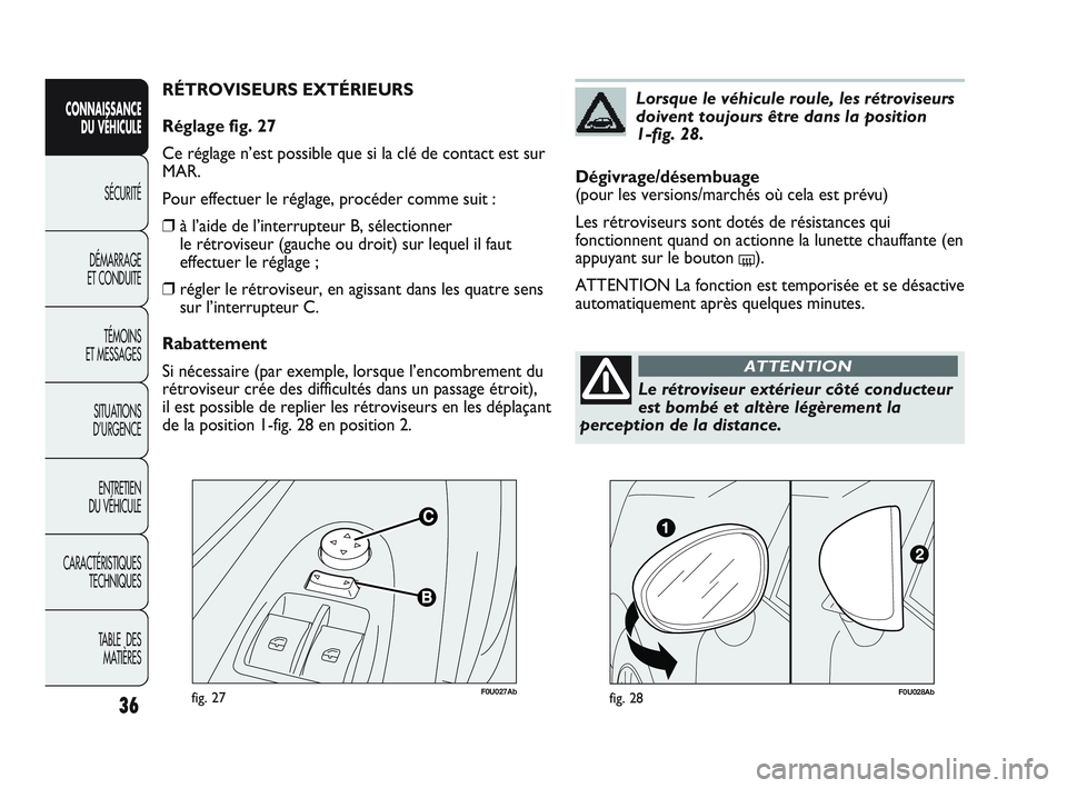 Abarth Punto 2012  Notice dentretien (in French) 36
CONNAISSANCE DU VÉHICULE
SÉCURITÉ
DÉMARRAGE 
ET CONDUITE
TÉMOINS 
ET MESSAGES
SITUA

TIONS 
D’URGENCE
ENTRETIEN 
DU VÉHICULE
CARACTÉRISTIQUES TECHNIQUES
TABLE  DES MATIÈRES
F0U027Abfig. 2