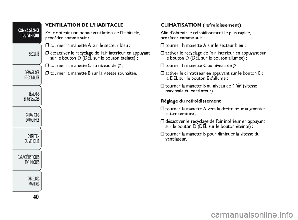 Abarth Punto 2012 Notice dentretien (in French) 40
CONNAISSANCE DU VÉHICULE
SÉCURITÉ
DÉMARRAGE
ET CONDUITE
TÉMOINS
ET MESSAGES
SITUA
TIONS
D’URGENCE
ENTRETIEN
DU VÉHICULE
CARACTÉRISTIQUES TECHNIQUES
TABLE DES MATIÈRES
VENTILATION DE Abarth Punto 2012 Notice dentretien (in French) 40
CONNAISSANCE DU VÉHICULE
SÉCURITÉ
DÉMARRAGE
ET CONDUITE
TÉMOINS
ET MESSAGES
SITUA
TIONS
D’URGENCE
ENTRETIEN
DU VÉHICULE
CARACTÉRISTIQUES TECHNIQUES
TABLE DES MATIÈRES
VENTILATION DE