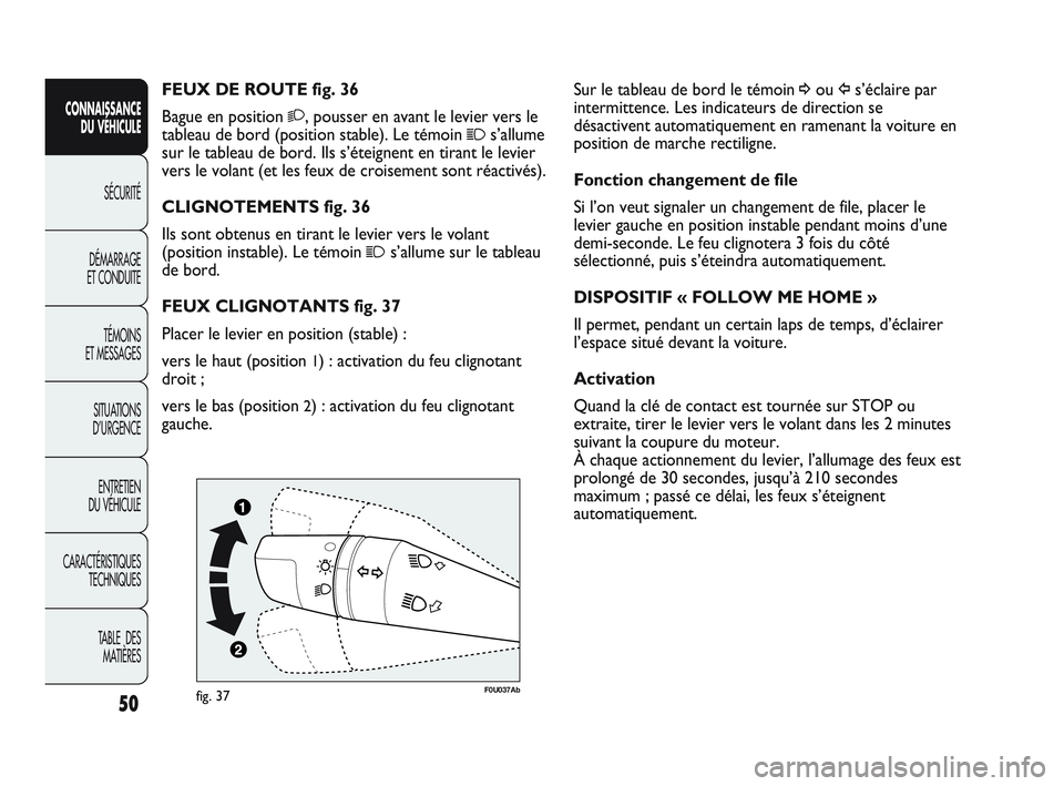 Abarth Punto 2012 Notice dentretien (in French) 50
CONNAISSANCE DU VÉHICULE
SÉCURITÉ
DÉMARRAGE
ET CONDUITE
TÉMOINS
ET MESSAGES
SITUA
TIONS
D’URGENCE
ENTRETIEN
DU VÉHICULE
CARACTÉRISTIQUES TECHNIQUES
TABLE DES MATIÈRES
Sur le tableau Abarth Punto 2012 Notice dentretien (in French) 50
CONNAISSANCE DU VÉHICULE
SÉCURITÉ
DÉMARRAGE
ET CONDUITE
TÉMOINS
ET MESSAGES
SITUA
TIONS
D’URGENCE
ENTRETIEN
DU VÉHICULE
CARACTÉRISTIQUES TECHNIQUES
TABLE DES MATIÈRES
Sur le tableau