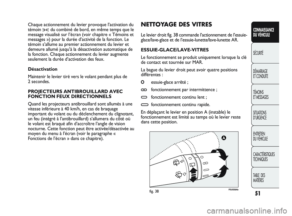 Abarth Punto 2012 Notice dentretien (in French) 51
CONNAISSANCE
DU VÉHICULE
SÉCURITÉ
DÉMARRAGE
ET CONDUITE
TÉMOINS
ET MESSAGES
SITUA
TIONS
D’URGENCE
ENTRETIEN
DU VÉHICULE
CARACTÉRISTIQUES
TECHNIQUES
TABLE DES
MATIÈRES
F0U038Abfig. Abarth Punto 2012 Notice dentretien (in French) 51
CONNAISSANCE
DU VÉHICULE
SÉCURITÉ
DÉMARRAGE
ET CONDUITE
TÉMOINS
ET MESSAGES
SITUA
TIONS
D’URGENCE
ENTRETIEN
DU VÉHICULE
CARACTÉRISTIQUES
TECHNIQUES
TABLE DES
MATIÈRES
F0U038Abfig.