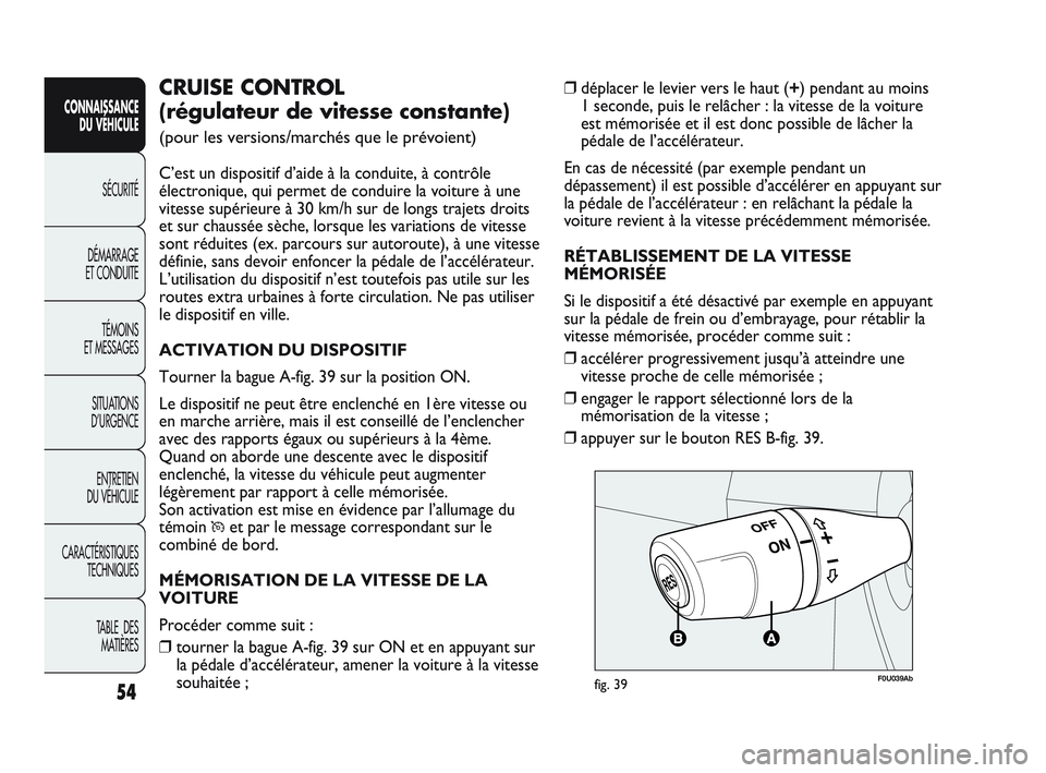 Abarth Punto 2012 Notice dentretien (in French) 54
CONNAISSANCE DU VÉHICULE
SÉCURITÉ
DÉMARRAGE
ET CONDUITE
TÉMOINS
ET MESSAGES
SITUA
TIONS
D’URGENCE
ENTRETIEN
DU VÉHICULE
CARACTÉRISTIQUES TECHNIQUES
TABLE DES MATIÈRES
❒ déplacer Abarth Punto 2012 Notice dentretien (in French) 54
CONNAISSANCE DU VÉHICULE
SÉCURITÉ
DÉMARRAGE
ET CONDUITE
TÉMOINS
ET MESSAGES
SITUA
TIONS
D’URGENCE
ENTRETIEN
DU VÉHICULE
CARACTÉRISTIQUES TECHNIQUES
TABLE DES MATIÈRES
❒ déplacer