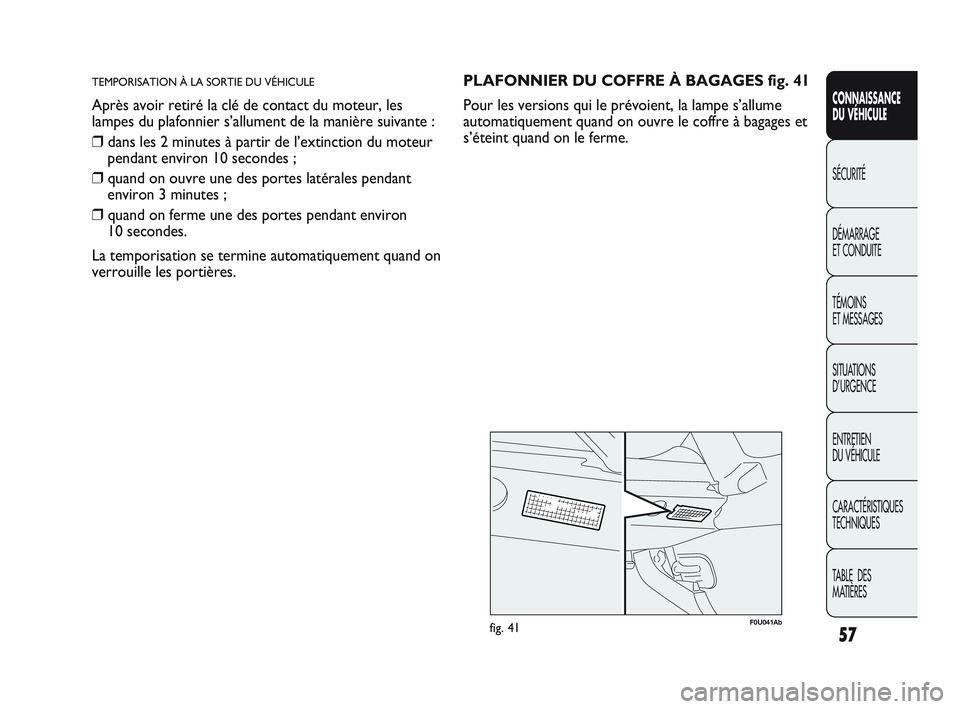 Abarth Punto 2012 Notice dentretien (in French) 57
CONNAISSANCE
DU VÉHICULE
SÉCURITÉ
DÉMARRAGE
ET CONDUITE
TÉMOINS
ET MESSAGES
SITUA
TIONS
D’URGENCE
ENTRETIEN
DU VÉHICULE
CARACTÉRISTIQUES
TECHNIQUES
TABLE DES
MATIÈRES
TEMPORISATIO Abarth Punto 2012 Notice dentretien (in French) 57
CONNAISSANCE
DU VÉHICULE
SÉCURITÉ
DÉMARRAGE
ET CONDUITE
TÉMOINS
ET MESSAGES
SITUA
TIONS
D’URGENCE
ENTRETIEN
DU VÉHICULE
CARACTÉRISTIQUES
TECHNIQUES
TABLE DES
MATIÈRES
TEMPORISATIO