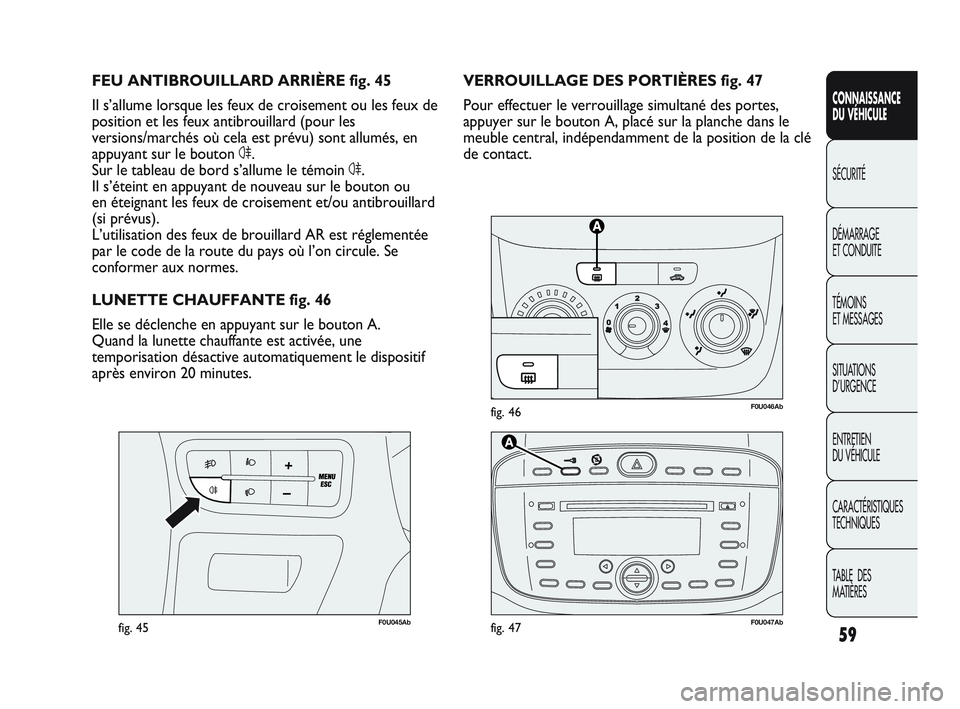 Abarth Punto 2012 Notice dentretien (in French) 59
CONNAISSANCE
DU VÉHICULE
SÉCURITÉ
DÉMARRAGE
ET CONDUITE
TÉMOINS
ET MESSAGES
SITUA
TIONS
D’URGENCE
ENTRETIEN
DU VÉHICULE
CARACTÉRISTIQUES
TECHNIQUES
TABLE DES
MATIÈRES
F0U046Abfig. Abarth Punto 2012 Notice dentretien (in French) 59
CONNAISSANCE
DU VÉHICULE
SÉCURITÉ
DÉMARRAGE
ET CONDUITE
TÉMOINS
ET MESSAGES
SITUA
TIONS
D’URGENCE
ENTRETIEN
DU VÉHICULE
CARACTÉRISTIQUES
TECHNIQUES
TABLE DES
MATIÈRES
F0U046Abfig.
