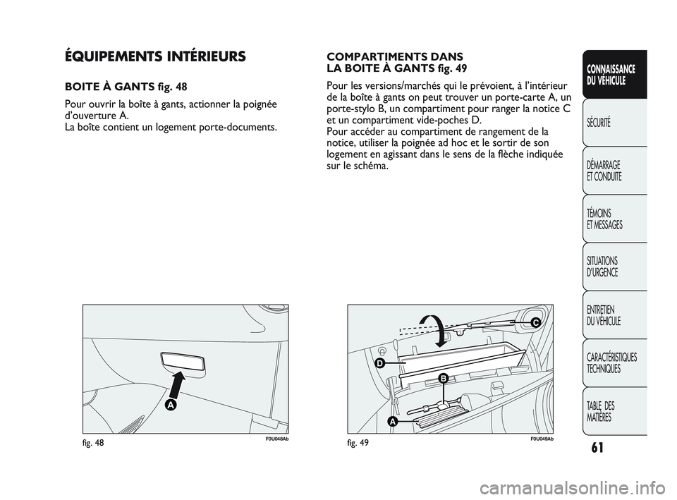 Abarth Punto 2012 Notice dentretien (in French) 61
CONNAISSANCE
DU VÉHICULE
SÉCURITÉ
DÉMARRAGE
ET CONDUITE
TÉMOINS
ET MESSAGES
SITUA
TIONS
D’URGENCE
ENTRETIEN
DU VÉHICULE
CARACTÉRISTIQUES
TECHNIQUES
TABLE DES
MATIÈRES
F0U048Abfig. Abarth Punto 2012 Notice dentretien (in French) 61
CONNAISSANCE
DU VÉHICULE
SÉCURITÉ
DÉMARRAGE
ET CONDUITE
TÉMOINS
ET MESSAGES
SITUA
TIONS
D’URGENCE
ENTRETIEN
DU VÉHICULE
CARACTÉRISTIQUES
TECHNIQUES
TABLE DES
MATIÈRES
F0U048Abfig.