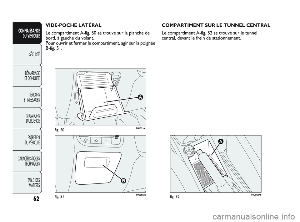 Abarth Punto 2012 Notice dentretien (in French) 62
CONNAISSANCE DU VÉHICULE
SÉCURITÉ
DÉMARRAGE
ET CONDUITE
TÉMOINS
ET MESSAGES
SITUA
TIONS
D’URGENCE
ENTRETIEN
DU VÉHICULE
CARACTÉRISTIQUES TECHNIQUES
TABLE DES MATIÈRES
F0U051Abfig. 5 Abarth Punto 2012 Notice dentretien (in French) 62
CONNAISSANCE DU VÉHICULE
SÉCURITÉ
DÉMARRAGE
ET CONDUITE
TÉMOINS
ET MESSAGES
SITUA
TIONS
D’URGENCE
ENTRETIEN
DU VÉHICULE
CARACTÉRISTIQUES TECHNIQUES
TABLE DES MATIÈRES
F0U051Abfig. 5