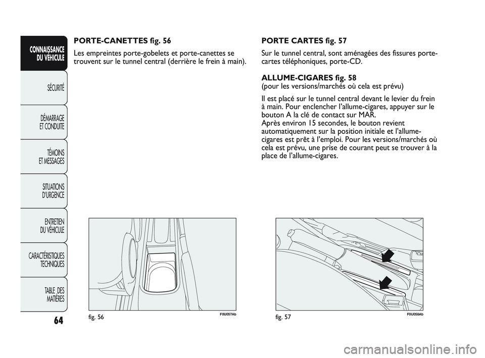Abarth Punto 2012 Notice dentretien (in French) 64
CONNAISSANCE DU VÉHICULE
SÉCURITÉ
DÉMARRAGE
ET CONDUITE
TÉMOINS
ET MESSAGES
SITUA
TIONS
D’URGENCE
ENTRETIEN
DU VÉHICULE
CARACTÉRISTIQUES TECHNIQUES
TABLE DES MATIÈRES
F0U057Abfig. 5 Abarth Punto 2012 Notice dentretien (in French) 64
CONNAISSANCE DU VÉHICULE
SÉCURITÉ
DÉMARRAGE
ET CONDUITE
TÉMOINS
ET MESSAGES
SITUA
TIONS
D’URGENCE
ENTRETIEN
DU VÉHICULE
CARACTÉRISTIQUES TECHNIQUES
TABLE DES MATIÈRES
F0U057Abfig. 5
