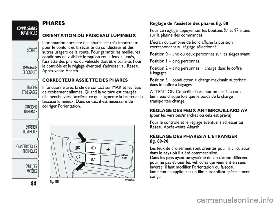 Abarth Punto 2012 Notice dentretien (in French) 84
CONNAISSANCE DU VÉHICULE
SÉCURITÉ
DÉMARRAGE
ET CONDUITE
TÉMOINS
ET MESSAGES
SITUA
TIONS
D’URGENCE
ENTRETIEN
DU VÉHICULE
CARACTÉRISTIQUES TECHNIQUES
TABLE DES MATIÈRES
F0U091Abfig. 8 Abarth Punto 2012 Notice dentretien (in French) 84
CONNAISSANCE DU VÉHICULE
SÉCURITÉ
DÉMARRAGE
ET CONDUITE
TÉMOINS
ET MESSAGES
SITUA
TIONS
D’URGENCE
ENTRETIEN
DU VÉHICULE
CARACTÉRISTIQUES TECHNIQUES
TABLE DES MATIÈRES
F0U091Abfig. 8