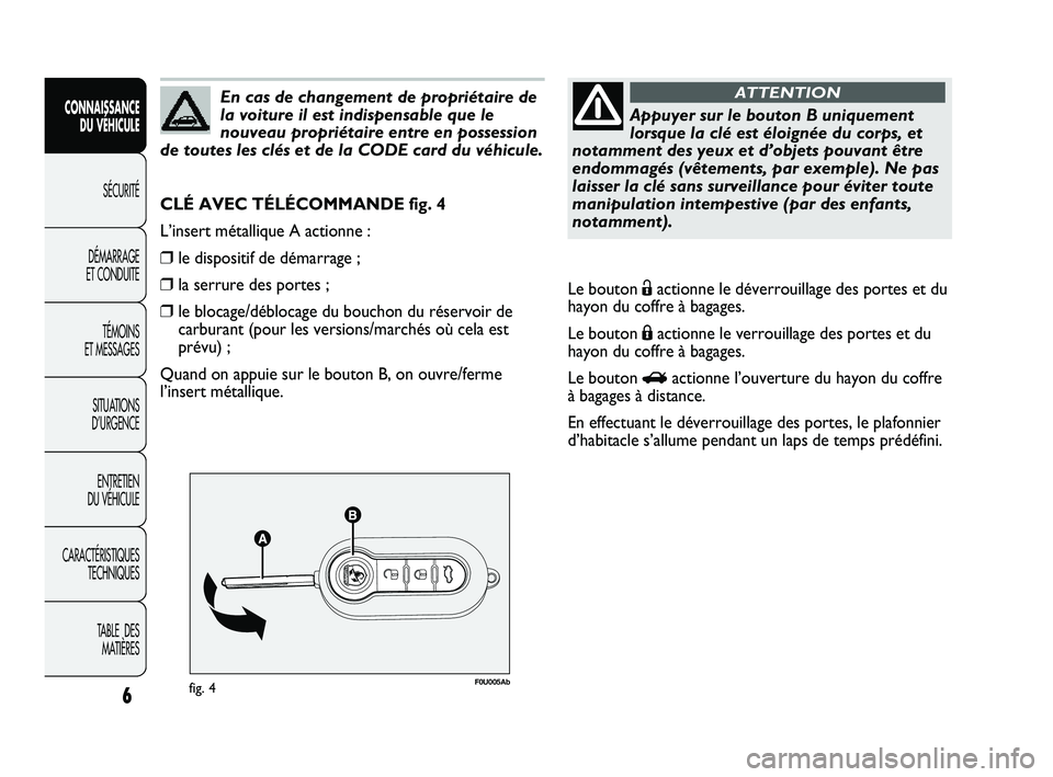 Abarth Punto 2012  Notice dentretien (in French) F0U005Abfig. 4
CLÉ AVEC TÉLÉCOMMANDE fig. 4
L’insert métallique A actionne :
❒le dispositif de démarrage ;
❒la serrure des portes ;
❒le blocage/déblocage du bouchon du réservoir de
carb