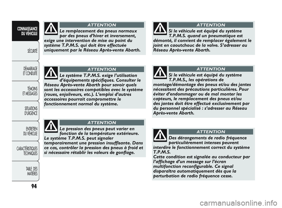 Abarth Punto 2012 Notice dentretien (in French) 94
CONNAISSANCE DU VÉHICULE
SÉCURITÉ
DÉMARRAGE
ET CONDUITE
TÉMOINS
ET MESSAGES
SITUA
TIONS
D’URGENCE
ENTRETIEN
DU VÉHICULE
CARACTÉRISTIQUES TECHNIQUES
TABLE DES MATIÈRES
Le remplacemen Abarth Punto 2012 Notice dentretien (in French) 94
CONNAISSANCE DU VÉHICULE
SÉCURITÉ
DÉMARRAGE
ET CONDUITE
TÉMOINS
ET MESSAGES
SITUA
TIONS
D’URGENCE
ENTRETIEN
DU VÉHICULE
CARACTÉRISTIQUES TECHNIQUES
TABLE DES MATIÈRES
Le remplacemen
