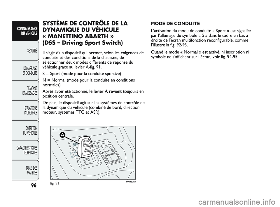 Abarth Punto 2012 Notice dentretien (in French) 96
CONNAISSANCE DU VÉHICULE
SÉCURITÉ
DÉMARRAGE
ET CONDUITE
TÉMOINS
ET MESSAGES
SITUA
TIONS
D’URGENCE
ENTRETIEN
DU VÉHICULE
CARACTÉRISTIQUES TECHNIQUES
TABLE DES MATIÈRES
F0U189Abfig. 9 Abarth Punto 2012 Notice dentretien (in French) 96
CONNAISSANCE DU VÉHICULE
SÉCURITÉ
DÉMARRAGE
ET CONDUITE
TÉMOINS
ET MESSAGES
SITUA
TIONS
D’URGENCE
ENTRETIEN
DU VÉHICULE
CARACTÉRISTIQUES TECHNIQUES
TABLE DES MATIÈRES
F0U189Abfig. 9