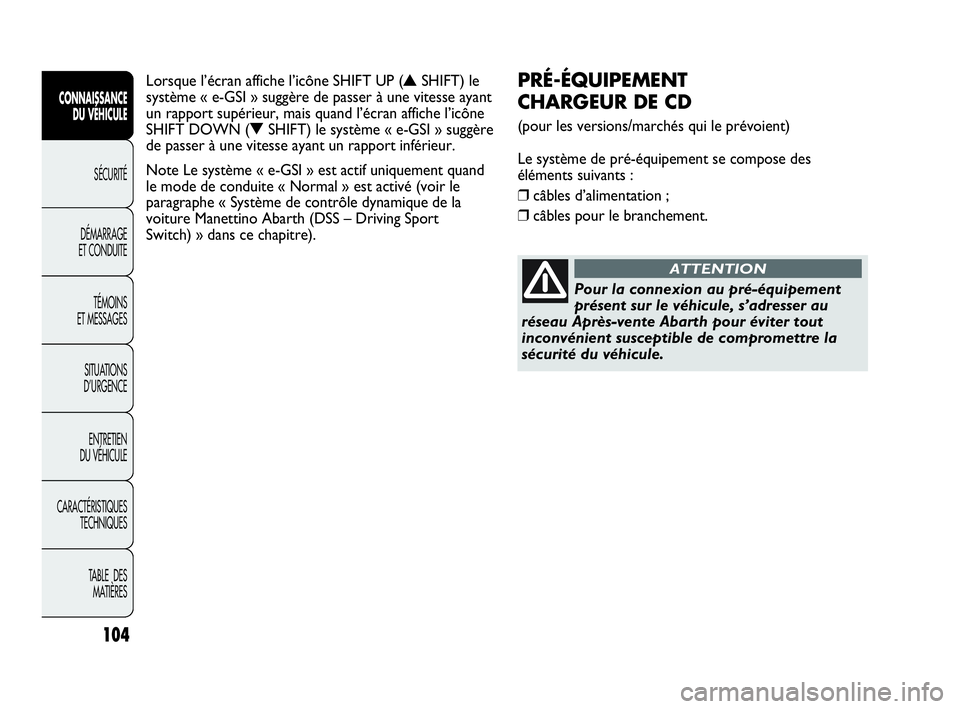 Abarth Punto 2021 Notice dentretien (in French) 104
CONNAISSANCE
DU VÉHICULE
SÉCURITÉ
DÉMARRAGE
ET CONDUITE
TÉMOINS
ET MESSAGES
SITUATIONS
D’URGENCE
ENTRETIEN
DU VÉHICULE
CARACTÉRISTIQUES
TECHNIQUES
TABLE DES
MATIÈRES
PRÉ-ÉQUIPEMENT
Abarth Punto 2021 Notice dentretien (in French) 104
CONNAISSANCE
DU VÉHICULE
SÉCURITÉ
DÉMARRAGE
ET CONDUITE
TÉMOINS
ET MESSAGES
SITUATIONS
D’URGENCE
ENTRETIEN
DU VÉHICULE
CARACTÉRISTIQUES
TECHNIQUES
TABLE DES
MATIÈRES
PRÉ-ÉQUIPEMENT