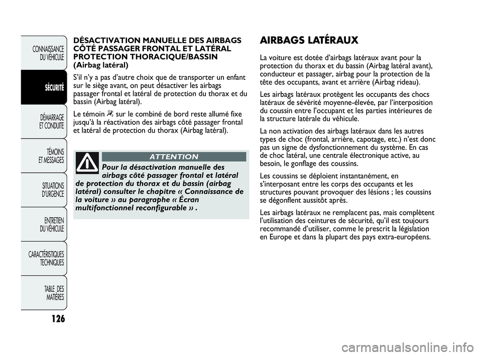 Abarth Punto 2021 Notice dentretien (in French) 126
CONNAISSANCE
DU VÉHICULE
SÉCURITÉ
DÉMARRAGE
ET CONDUITE
TÉMOINS
ET MESSAGES
SITUATIONS
D’URGENCE
ENTRETIEN
DU VÉHICULE
CARACTÉRISTIQUES
TECHNIQUES
TABLE DES
MATIÈRES
Pour la désactiv Abarth Punto 2021 Notice dentretien (in French) 126
CONNAISSANCE
DU VÉHICULE
SÉCURITÉ
DÉMARRAGE
ET CONDUITE
TÉMOINS
ET MESSAGES
SITUATIONS
D’URGENCE
ENTRETIEN
DU VÉHICULE
CARACTÉRISTIQUES
TECHNIQUES
TABLE DES
MATIÈRES
Pour la désactiv