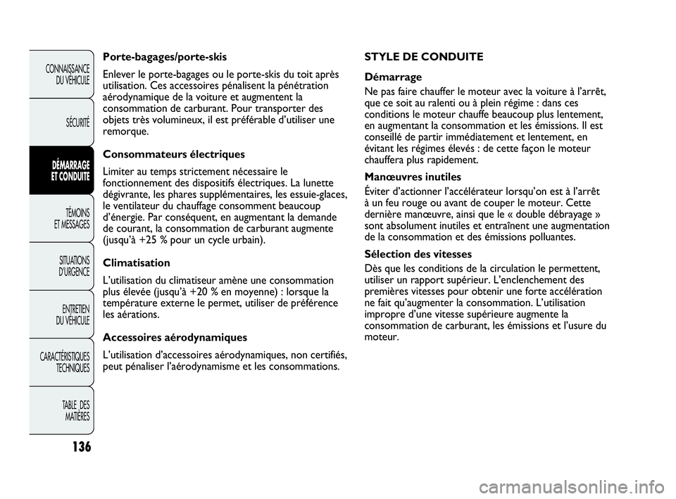 Abarth Punto 2021 Notice dentretien (in French) 136
CONNAISSANCE
DU VÉHICULE
SÉCURITÉ
DÉMARRAGE
ET CONDUITE
TÉMOINS
ET MESSAGES
SITUATIONS
D’URGENCE
ENTRETIEN
DU VÉHICULE
CARACTÉRISTIQUES
TECHNIQUES
TABLE DES
MATIÈRES
STYLE DE CONDUITE Abarth Punto 2021 Notice dentretien (in French) 136
CONNAISSANCE
DU VÉHICULE
SÉCURITÉ
DÉMARRAGE
ET CONDUITE
TÉMOINS
ET MESSAGES
SITUATIONS
D’URGENCE
ENTRETIEN
DU VÉHICULE
CARACTÉRISTIQUES
TECHNIQUES
TABLE DES
MATIÈRES
STYLE DE CONDUITE