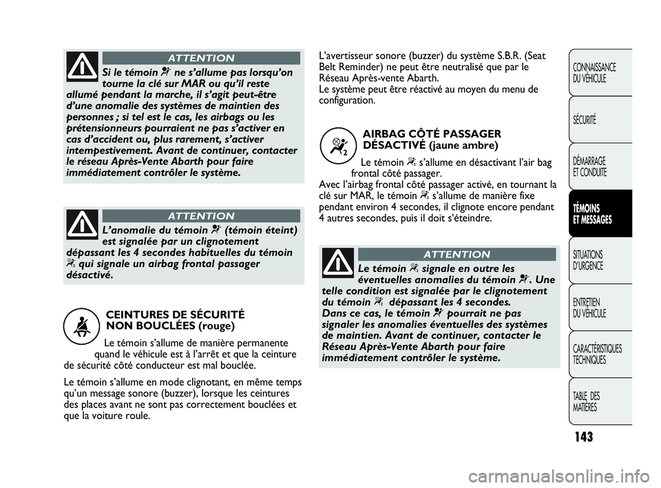 Abarth Punto 2013  Notice dentretien (in French) 143
CONNAISSANCE
DU VÉHICULE
SÉCURITÉ
DÉMARRAGE
ET CONDUITE
TÉMOINS
ET MESSAGES
SITUATIONS 
D’URGENCE
ENTRETIEN
DU VÉHICULE
CARACTÉRISTIQUES
TECHNIQUES
TABLE  DES 
MATIÈRES
CEINTURES DE SÉC