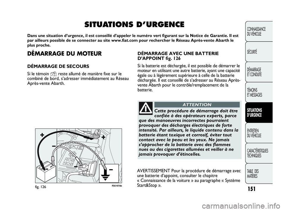 Abarth Punto 2017 Notice dentretien (in French) DÉMARRAGE DU MOTEUR
DÉMARRAGE DE SECOURS
Si le témoin
Yreste allumé de manière fixe sur le
combiné de bord, s’adresser immédiatement au Réseau
Après-vente Abarth.
SITUATIONS D’URGENCE
Da Abarth Punto 2017 Notice dentretien (in French) DÉMARRAGE DU MOTEUR
DÉMARRAGE DE SECOURS
Si le témoin
Yreste allumé de manière fixe sur le
combiné de bord, s’adresser immédiatement au Réseau
Après-vente Abarth.
SITUATIONS D’URGENCE
Da
