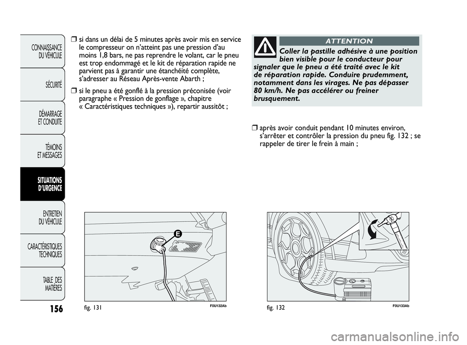 Abarth Punto 2020 Notice dentretien (in French) 156
CONNAISSANCE
DU VÉHICULE
SÉCURITÉ
DÉMARRAGE
ET CONDUITE
TÉMOINS
ET MESSAGES
SITUATIONS
D’URGENCE
ENTRETIEN
DU VÉHICULE
CARACTÉRISTIQUES
TECHNIQUES
TABLE DES
MATIÈRES
F0U133Abfig. 132
Abarth Punto 2020 Notice dentretien (in French) 156
CONNAISSANCE
DU VÉHICULE
SÉCURITÉ
DÉMARRAGE
ET CONDUITE
TÉMOINS
ET MESSAGES
SITUATIONS
D’URGENCE
ENTRETIEN
DU VÉHICULE
CARACTÉRISTIQUES
TECHNIQUES
TABLE DES
MATIÈRES
F0U133Abfig. 132