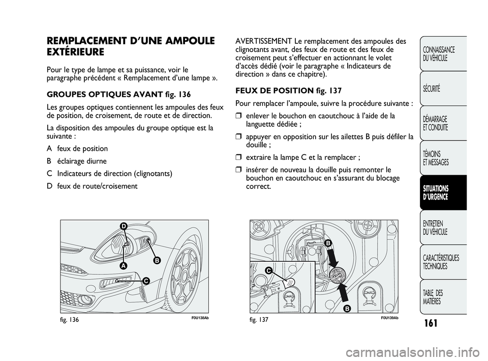 Abarth Punto 2021 Notice dentretien (in French) 161
CONNAISSANCE
DU VÉHICULE
SÉCURITÉ
DÉMARRAGE
ET CONDUITE
TÉMOINS
ET MESSAGES
SITUATIONS
D’URGENCE
ENTRETIEN
DU VÉHICULE
CARACTÉRISTIQUES
TECHNIQUES
TABLE DES
MATIÈRES
F0U138Abfig. 136F Abarth Punto 2021 Notice dentretien (in French) 161
CONNAISSANCE
DU VÉHICULE
SÉCURITÉ
DÉMARRAGE
ET CONDUITE
TÉMOINS
ET MESSAGES
SITUATIONS
D’URGENCE
ENTRETIEN
DU VÉHICULE
CARACTÉRISTIQUES
TECHNIQUES
TABLE DES
MATIÈRES
F0U138Abfig. 136F