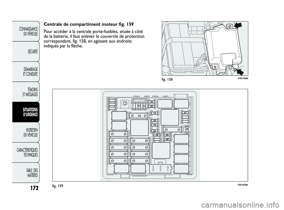 Abarth Punto 2020 Notice dentretien (in French) 172
CONNAISSANCE
DU VÉHICULE
SÉCURITÉ
DÉMARRAGE
ET CONDUITE
TÉMOINS
ET MESSAGES
SITUATIONS
D’URGENCE
ENTRETIEN
DU VÉHICULE
CARACTÉRISTIQUES
TECHNIQUES
TABLE DES
MATIÈRES
F0U162Abfig. 158
Abarth Punto 2020 Notice dentretien (in French) 172
CONNAISSANCE
DU VÉHICULE
SÉCURITÉ
DÉMARRAGE
ET CONDUITE
TÉMOINS
ET MESSAGES
SITUATIONS
D’URGENCE
ENTRETIEN
DU VÉHICULE
CARACTÉRISTIQUES
TECHNIQUES
TABLE DES
MATIÈRES
F0U162Abfig. 158