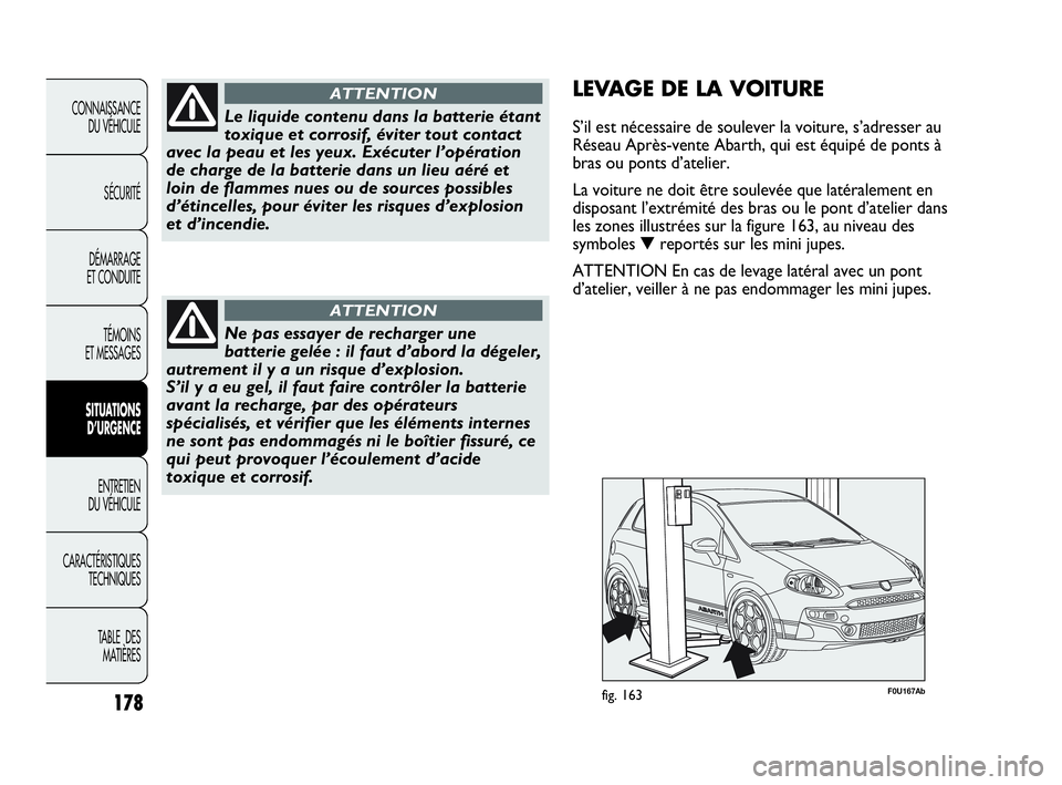 Abarth Punto 2021 Notice dentretien (in French) 178
CONNAISSANCE
DU VÉHICULE
SÉCURITÉ
DÉMARRAGE
ET CONDUITE
TÉMOINS
ET MESSAGES
SITUATIONS
D’URGENCE
ENTRETIEN
DU VÉHICULE
CARACTÉRISTIQUES
TECHNIQUES
TABLE DES
MATIÈRES
Le liquide conten Abarth Punto 2021 Notice dentretien (in French) 178
CONNAISSANCE
DU VÉHICULE
SÉCURITÉ
DÉMARRAGE
ET CONDUITE
TÉMOINS
ET MESSAGES
SITUATIONS
D’URGENCE
ENTRETIEN
DU VÉHICULE
CARACTÉRISTIQUES
TECHNIQUES
TABLE DES
MATIÈRES
Le liquide conten