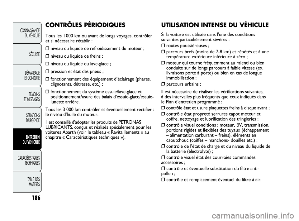 Abarth Punto 2021 Notice dentretien (in French) UTILISATION INTENSE DU VÉHICULE
Si la voiture est utilisée dans l’une des conditions
suivantes particulièrement sévères :
❒routes poussiéreuses ;
❒parcours brefs (moins de 7-8 km) et rép Abarth Punto 2021 Notice dentretien (in French) UTILISATION INTENSE DU VÉHICULE
Si la voiture est utilisée dans l’une des conditions
suivantes particulièrement sévères :
❒routes poussiéreuses ;
❒parcours brefs (moins de 7-8 km) et rép