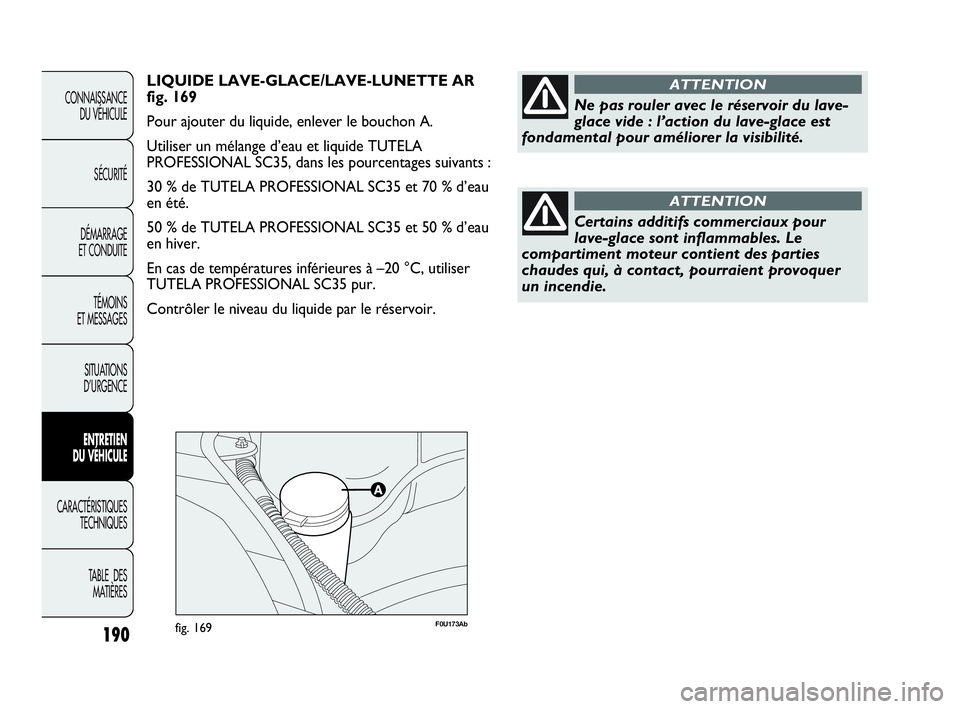 Abarth Punto 2016 Notice dentretien (in French) 190
CONNAISSANCE
DU VÉHICULE
SÉCURITÉ
DÉMARRAGE
ET CONDUITE
TÉMOINS
ET MESSAGES
SITUATIONS
D’URGENCE
ENTRETIEN
DU VÉHICULE
CARACTÉRISTIQUES
TECHNIQUES
TABLE DES
MATIÈRES
F0U173Abfig. 169
Abarth Punto 2016 Notice dentretien (in French) 190
CONNAISSANCE
DU VÉHICULE
SÉCURITÉ
DÉMARRAGE
ET CONDUITE
TÉMOINS
ET MESSAGES
SITUATIONS
D’URGENCE
ENTRETIEN
DU VÉHICULE
CARACTÉRISTIQUES
TECHNIQUES
TABLE DES
MATIÈRES
F0U173Abfig. 169