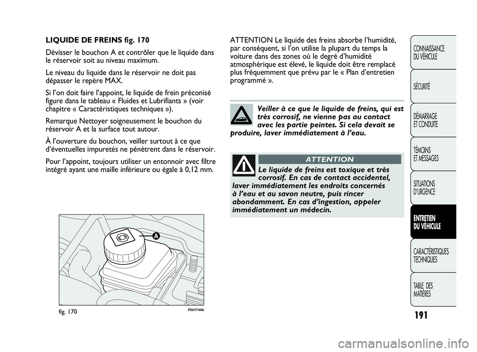 Abarth Punto 2016 Notice dentretien (in French) 191
CONNAISSANCE
DU VÉHICULE
SÉCURITÉ
DÉMARRAGE
ET CONDUITE
TÉMOINS
ET MESSAGES
SITUATIONS
D’URGENCE
ENTRETIEN
DU VÉHICULE
CARACTÉRISTIQUES
TECHNIQUES
TABLE DES
MATIÈRES
F0U174Abfig. 170
Abarth Punto 2016 Notice dentretien (in French) 191
CONNAISSANCE
DU VÉHICULE
SÉCURITÉ
DÉMARRAGE
ET CONDUITE
TÉMOINS
ET MESSAGES
SITUATIONS
D’URGENCE
ENTRETIEN
DU VÉHICULE
CARACTÉRISTIQUES
TECHNIQUES
TABLE DES
MATIÈRES
F0U174Abfig. 170