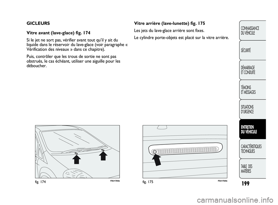 Abarth Punto 2016 Notice dentretien (in French) F0U179Abfig. 174F0U178Abfig. 175
Vitre arrière (lave-lunette) fig. 175
Les jets du lave-glace arrière sont fixes.
Le cylindre porte-objets est placé sur la vitre arrière. GICLEURS
Vitre avant (lav Abarth Punto 2016 Notice dentretien (in French) F0U179Abfig. 174F0U178Abfig. 175
Vitre arrière (lave-lunette) fig. 175
Les jets du lave-glace arrière sont fixes.
Le cylindre porte-objets est placé sur la vitre arrière. GICLEURS
Vitre avant (lav