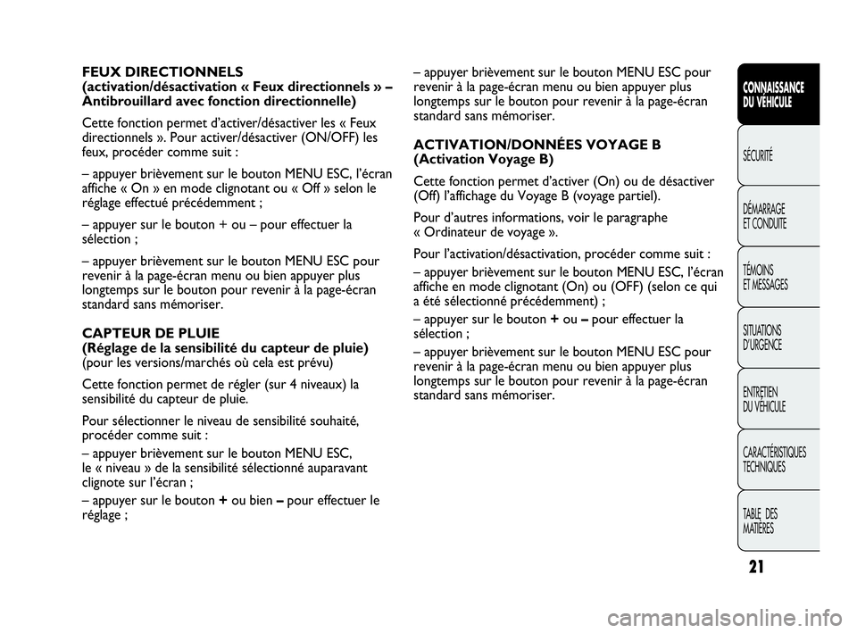Abarth Punto 2014  Notice dentretien (in French) 21
CONNAISSANCE
DU VÉHICULE
SÉCURITÉ
DÉMARRAGE
ET CONDUITE
TÉMOINS
ET MESSAGES
SITUATIONS 
D’URGENCE
ENTRETIEN
DU VÉHICULE
CARACTÉRISTIQUES
TECHNIQUES
TABLE  DES 
MATIÈRES
– appuyer brièv