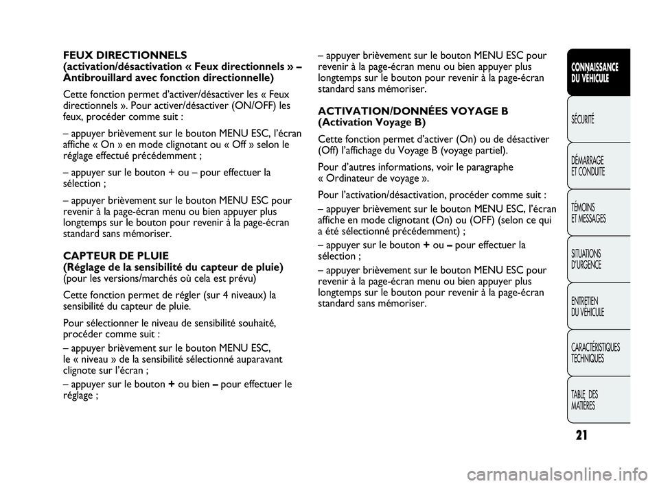 Abarth Punto 2018  Notice dentretien (in French) 21
CONNAISSANCE
DU VÉHICULE
SÉCURITÉ
DÉMARRAGE
ET CONDUITE
TÉMOINS
ET MESSAGES
SITUATIONS 
D’URGENCE
ENTRETIEN
DU VÉHICULE
CARACTÉRISTIQUES
TECHNIQUES
TABLE  DES 
MATIÈRES
– appuyer brièv