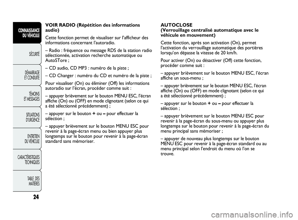 Abarth Punto 2018  Notice dentretien (in French) 24
CONNAISSANCE
DU VÉHICULE
SÉCURITÉ
DÉMARRAGE
ET CONDUITE
TÉMOINS
ET MESSAGES
SITUATIONS 
D’URGENCE
ENTRETIEN
DU VÉHICULE
CARACTÉRISTIQUES
TECHNIQUES
TABLE  DES 
MATIÈRES
AUTOCLOSE
(Verroui