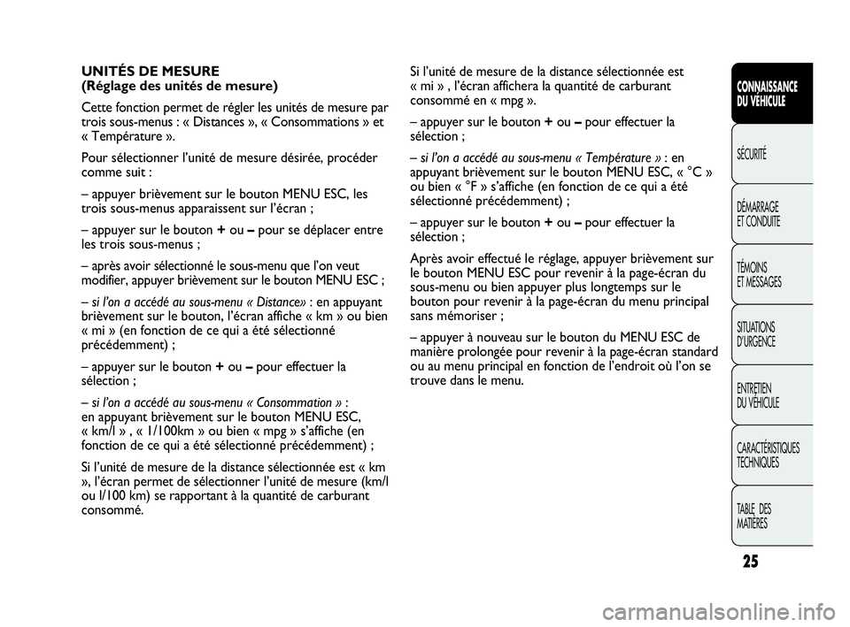 Abarth Punto 2019 Notice dentretien (in French) 25
CONNAISSANCE
DU VÉHICULE
SÉCURITÉ
DÉMARRAGE
ET CONDUITE
TÉMOINS
ET MESSAGES
SITUATIONS
D’URGENCE
ENTRETIEN
DU VÉHICULE
CARACTÉRISTIQUES
TECHNIQUES
TABLE DES
MATIÈRES
Si l’unité de m Abarth Punto 2019 Notice dentretien (in French) 25
CONNAISSANCE
DU VÉHICULE
SÉCURITÉ
DÉMARRAGE
ET CONDUITE
TÉMOINS
ET MESSAGES
SITUATIONS
D’URGENCE
ENTRETIEN
DU VÉHICULE
CARACTÉRISTIQUES
TECHNIQUES
TABLE DES
MATIÈRES
Si l’unité de m
