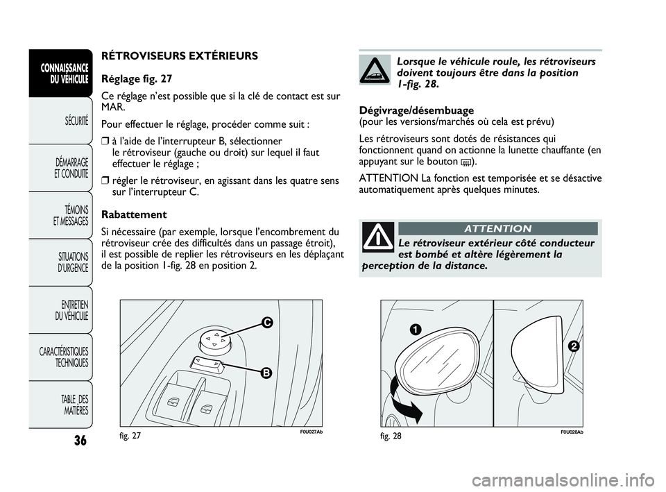 Abarth Punto 2019 Notice dentretien (in French) 36
CONNAISSANCE
DU VÉHICULE
SÉCURITÉ
DÉMARRAGE
ET CONDUITE
TÉMOINS
ET MESSAGES
SITUATIONS
D’URGENCE
ENTRETIEN
DU VÉHICULE
CARACTÉRISTIQUES
TECHNIQUES
TABLE DES
MATIÈRES
F0U027Abfig. 27
R Abarth Punto 2019 Notice dentretien (in French) 36
CONNAISSANCE
DU VÉHICULE
SÉCURITÉ
DÉMARRAGE
ET CONDUITE
TÉMOINS
ET MESSAGES
SITUATIONS
D’URGENCE
ENTRETIEN
DU VÉHICULE
CARACTÉRISTIQUES
TECHNIQUES
TABLE DES
MATIÈRES
F0U027Abfig. 27
R