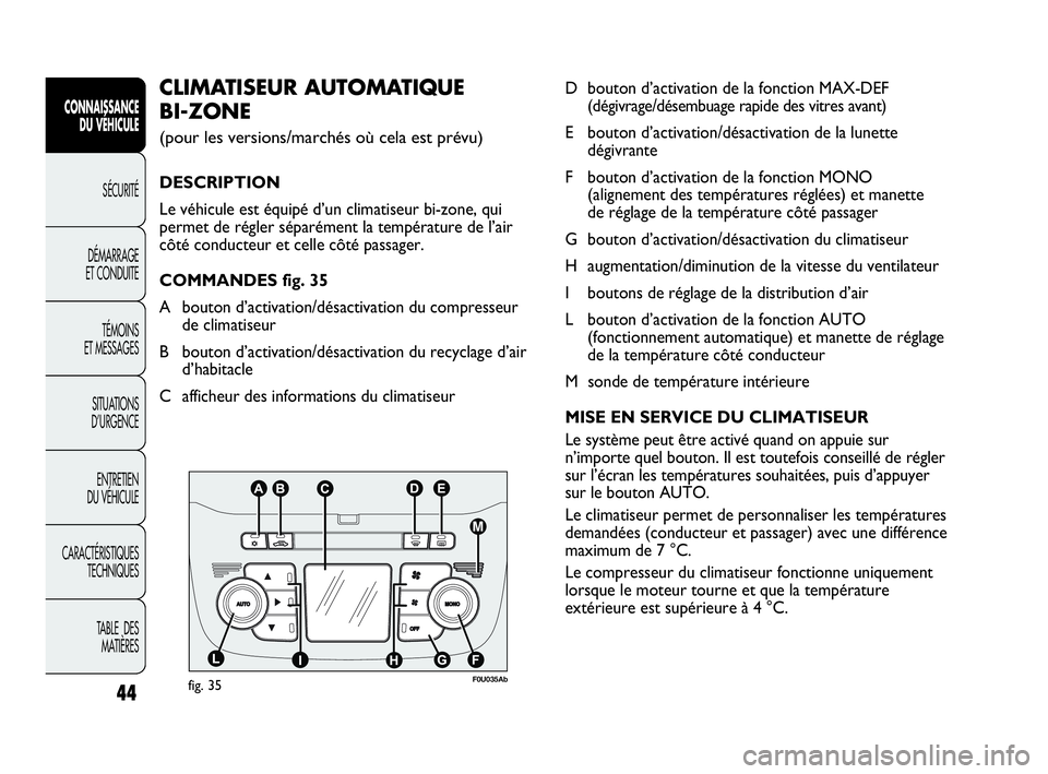 Abarth Punto 2017  Notice dentretien (in French) 44
CONNAISSANCE
DU VÉHICULE
SÉCURITÉ
DÉMARRAGE
ET CONDUITE
TÉMOINS
ET MESSAGES
SITUATIONS 
D’URGENCE
ENTRETIEN
DU VÉHICULE
CARACTÉRISTIQUES
TECHNIQUES
TABLE  DES 
MATIÈRES
D bouton d’activ