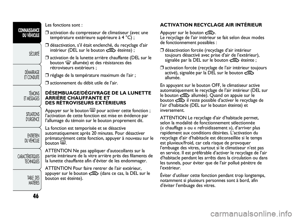 Abarth Punto 2021  Notice dentretien (in French) 46
CONNAISSANCE
DU VÉHICULE
SÉCURITÉ
DÉMARRAGE
ET CONDUITE
TÉMOINS
ET MESSAGES
SITUATIONS 
D’URGENCE
ENTRETIEN
DU VÉHICULE
CARACTÉRISTIQUES
TECHNIQUES
TABLE  DES 
MATIÈRES
Les fonctions sont