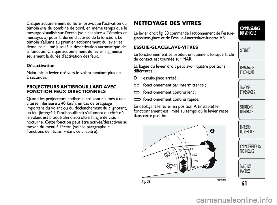 Abarth Punto 2021 Notice dentretien (in French) 51
CONNAISSANCE
DU VÉHICULE
SÉCURITÉ
DÉMARRAGE
ET CONDUITE
TÉMOINS
ET MESSAGES
SITUATIONS
D’URGENCE
ENTRETIEN
DU VÉHICULE
CARACTÉRISTIQUES
TECHNIQUES
TABLE DES
MATIÈRES
F0U038Abfig. 38
NE Abarth Punto 2021 Notice dentretien (in French) 51
CONNAISSANCE
DU VÉHICULE
SÉCURITÉ
DÉMARRAGE
ET CONDUITE
TÉMOINS
ET MESSAGES
SITUATIONS
D’URGENCE
ENTRETIEN
DU VÉHICULE
CARACTÉRISTIQUES
TECHNIQUES
TABLE DES
MATIÈRES
F0U038Abfig. 38
NE