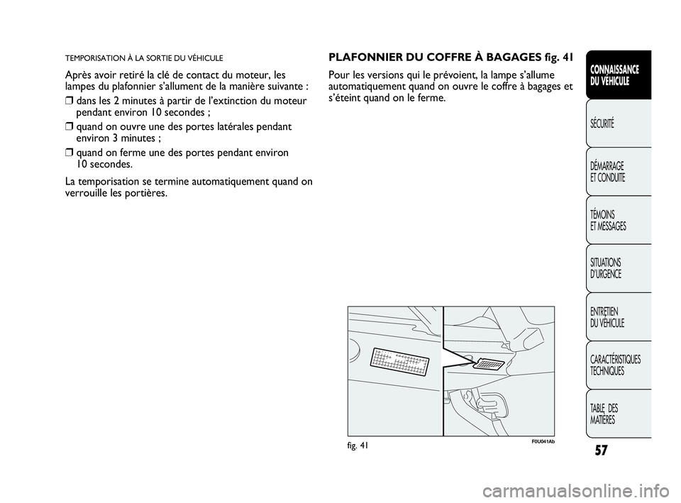 Abarth Punto 2021 Notice dentretien (in French) 57
CONNAISSANCE
DU VÉHICULE
SÉCURITÉ
DÉMARRAGE
ET CONDUITE
TÉMOINS
ET MESSAGES
SITUATIONS
D’URGENCE
ENTRETIEN
DU VÉHICULE
CARACTÉRISTIQUES
TECHNIQUES
TABLE DES
MATIÈRES
TEMPORISATION À L Abarth Punto 2021 Notice dentretien (in French) 57
CONNAISSANCE
DU VÉHICULE
SÉCURITÉ
DÉMARRAGE
ET CONDUITE
TÉMOINS
ET MESSAGES
SITUATIONS
D’URGENCE
ENTRETIEN
DU VÉHICULE
CARACTÉRISTIQUES
TECHNIQUES
TABLE DES
MATIÈRES
TEMPORISATION À L