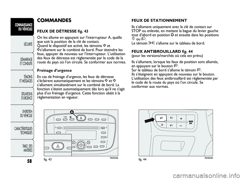 Abarth Punto 2021 Notice dentretien (in French) 58
CONNAISSANCE
DU VÉHICULE
SÉCURITÉ
DÉMARRAGE
ET CONDUITE
TÉMOINS
ET MESSAGES
SITUATIONS
D’URGENCE
ENTRETIEN
DU VÉHICULE
CARACTÉRISTIQUES
TECHNIQUES
TABLE DES
MATIÈRES
F0U043Abfig. 43F0U Abarth Punto 2021 Notice dentretien (in French) 58
CONNAISSANCE
DU VÉHICULE
SÉCURITÉ
DÉMARRAGE
ET CONDUITE
TÉMOINS
ET MESSAGES
SITUATIONS
D’URGENCE
ENTRETIEN
DU VÉHICULE
CARACTÉRISTIQUES
TECHNIQUES
TABLE DES
MATIÈRES
F0U043Abfig. 43F0U