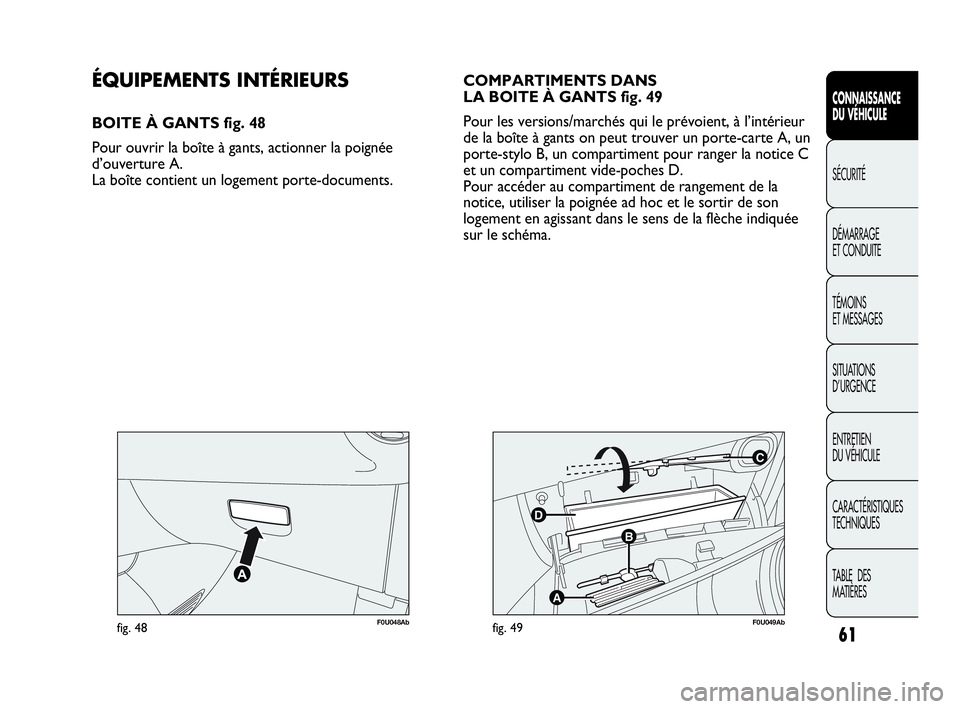 Abarth Punto 2021 Notice dentretien (in French) 61
CONNAISSANCE
DU VÉHICULE
SÉCURITÉ
DÉMARRAGE
ET CONDUITE
TÉMOINS
ET MESSAGES
SITUATIONS
D’URGENCE
ENTRETIEN
DU VÉHICULE
CARACTÉRISTIQUES
TECHNIQUES
TABLE DES
MATIÈRES
F0U048Abfig. 48
C
Abarth Punto 2021 Notice dentretien (in French) 61
CONNAISSANCE
DU VÉHICULE
SÉCURITÉ
DÉMARRAGE
ET CONDUITE
TÉMOINS
ET MESSAGES
SITUATIONS
D’URGENCE
ENTRETIEN
DU VÉHICULE
CARACTÉRISTIQUES
TECHNIQUES
TABLE DES
MATIÈRES
F0U048Abfig. 48
C