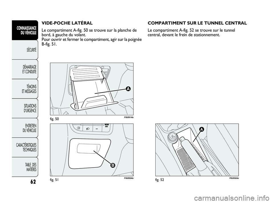 Abarth Punto 2021 Notice dentretien (in French) 62
CONNAISSANCE
DU VÉHICULE
SÉCURITÉ
DÉMARRAGE
ET CONDUITE
TÉMOINS
ET MESSAGES
SITUATIONS
D’URGENCE
ENTRETIEN
DU VÉHICULE
CARACTÉRISTIQUES
TECHNIQUES
TABLE DES
MATIÈRES
F0U051Abfig. 50
F0 Abarth Punto 2021 Notice dentretien (in French) 62
CONNAISSANCE
DU VÉHICULE
SÉCURITÉ
DÉMARRAGE
ET CONDUITE
TÉMOINS
ET MESSAGES
SITUATIONS
D’URGENCE
ENTRETIEN
DU VÉHICULE
CARACTÉRISTIQUES
TECHNIQUES
TABLE DES
MATIÈRES
F0U051Abfig. 50
F0