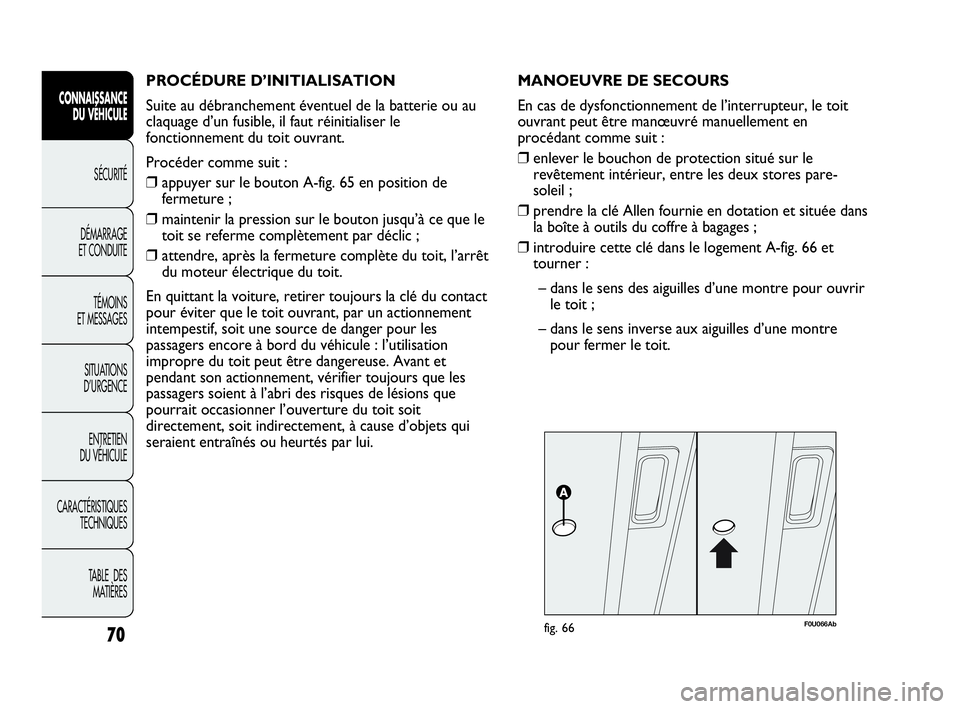 Abarth Punto 2021 Notice dentretien (in French) 70
CONNAISSANCE
DU VÉHICULE
SÉCURITÉ
DÉMARRAGE
ET CONDUITE
TÉMOINS
ET MESSAGES
SITUATIONS
D’URGENCE
ENTRETIEN
DU VÉHICULE
CARACTÉRISTIQUES
TECHNIQUES
TABLE DES
MATIÈRES
PROCÉDURE D’INI Abarth Punto 2021 Notice dentretien (in French) 70
CONNAISSANCE
DU VÉHICULE
SÉCURITÉ
DÉMARRAGE
ET CONDUITE
TÉMOINS
ET MESSAGES
SITUATIONS
D’URGENCE
ENTRETIEN
DU VÉHICULE
CARACTÉRISTIQUES
TECHNIQUES
TABLE DES
MATIÈRES
PROCÉDURE D’INI