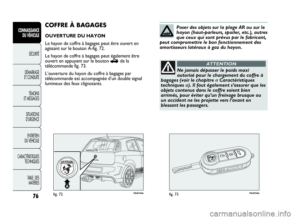 Abarth Punto 2021 Notice dentretien (in French) 76
CONNAISSANCE
DU VÉHICULE
SÉCURITÉ
DÉMARRAGE
ET CONDUITE
TÉMOINS
ET MESSAGES
SITUATIONS
D’URGENCE
ENTRETIEN
DU VÉHICULE
CARACTÉRISTIQUES
TECHNIQUES
TABLE DES
MATIÈRES
F0U074Abfig. 72F0U Abarth Punto 2021 Notice dentretien (in French) 76
CONNAISSANCE
DU VÉHICULE
SÉCURITÉ
DÉMARRAGE
ET CONDUITE
TÉMOINS
ET MESSAGES
SITUATIONS
D’URGENCE
ENTRETIEN
DU VÉHICULE
CARACTÉRISTIQUES
TECHNIQUES
TABLE DES
MATIÈRES
F0U074Abfig. 72F0U