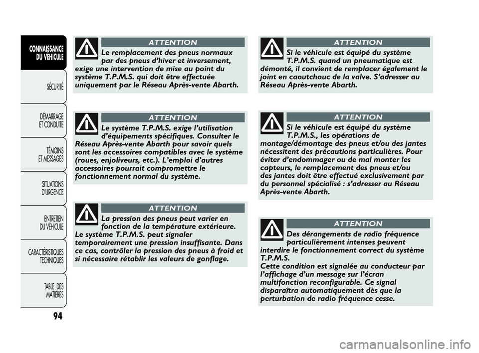 Abarth Punto 2021 Notice dentretien (in French) 94
CONNAISSANCE
DU VÉHICULE
SÉCURITÉ
DÉMARRAGE
ET CONDUITE
TÉMOINS
ET MESSAGES
SITUATIONS
D’URGENCE
ENTRETIEN
DU VÉHICULE
CARACTÉRISTIQUES
TECHNIQUES
TABLE DES
MATIÈRES
Le remplacement de Abarth Punto 2021 Notice dentretien (in French) 94
CONNAISSANCE
DU VÉHICULE
SÉCURITÉ
DÉMARRAGE
ET CONDUITE
TÉMOINS
ET MESSAGES
SITUATIONS
D’URGENCE
ENTRETIEN
DU VÉHICULE
CARACTÉRISTIQUES
TECHNIQUES
TABLE DES
MATIÈRES
Le remplacement de