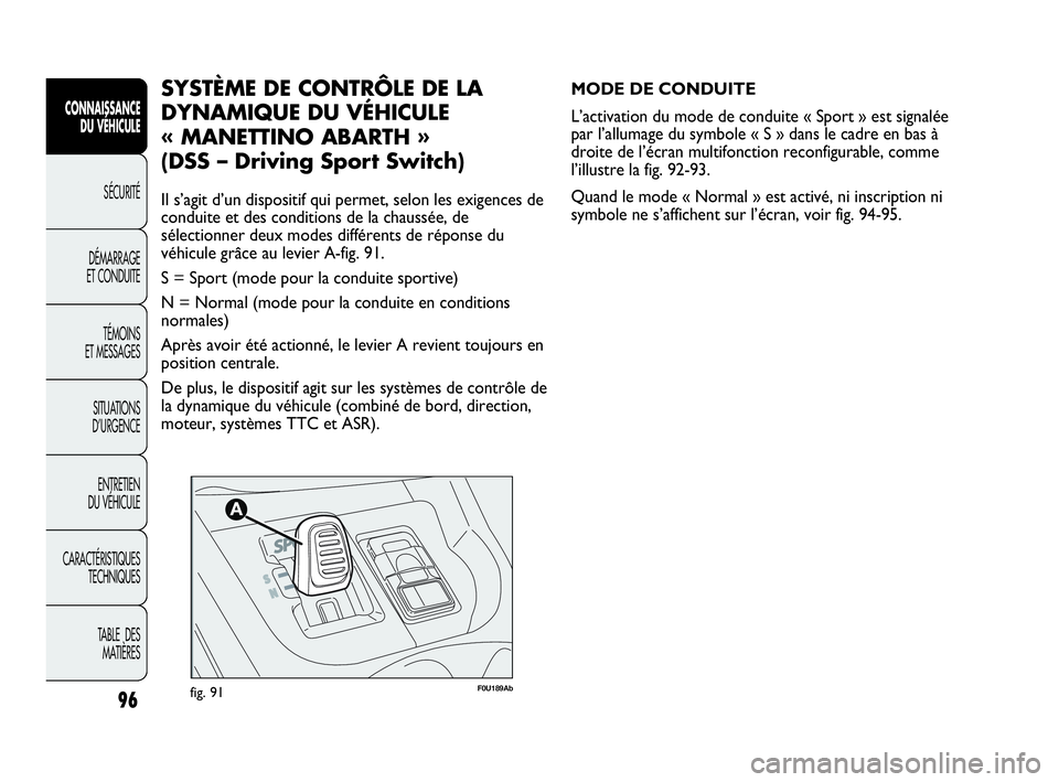 Abarth Punto 2021 Notice dentretien (in French) 96
CONNAISSANCE
DU VÉHICULE
SÉCURITÉ
DÉMARRAGE
ET CONDUITE
TÉMOINS
ET MESSAGES
SITUATIONS
D’URGENCE
ENTRETIEN
DU VÉHICULE
CARACTÉRISTIQUES
TECHNIQUES
TABLE DES
MATIÈRES
F0U189Abfig. 91
MO Abarth Punto 2021 Notice dentretien (in French) 96
CONNAISSANCE
DU VÉHICULE
SÉCURITÉ
DÉMARRAGE
ET CONDUITE
TÉMOINS
ET MESSAGES
SITUATIONS
D’URGENCE
ENTRETIEN
DU VÉHICULE
CARACTÉRISTIQUES
TECHNIQUES
TABLE DES
MATIÈRES
F0U189Abfig. 91
MO
