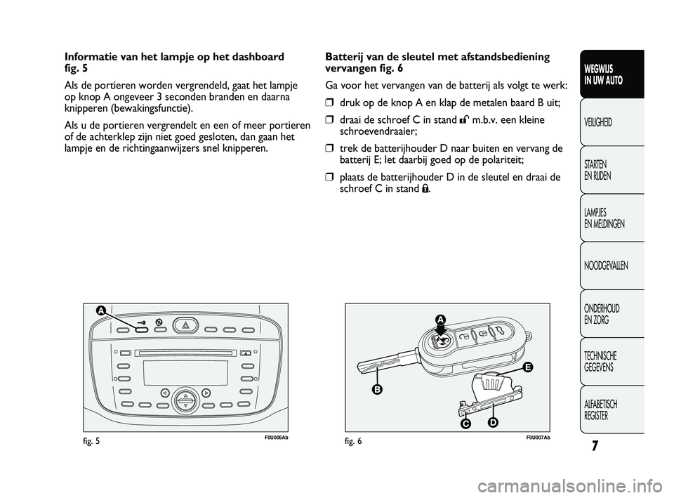 Abarth Punto 2012  Instructieboek (in Dutch) 7
F0U006Abfig. 5F0U007Abfig. 6
Batterij van de sleutel met afstandsbediening
vervangen fig. 6
Ga voor het vervangen van de batterij als volgt te werk:
❒druk op de knop A en klap de metalen baard B u