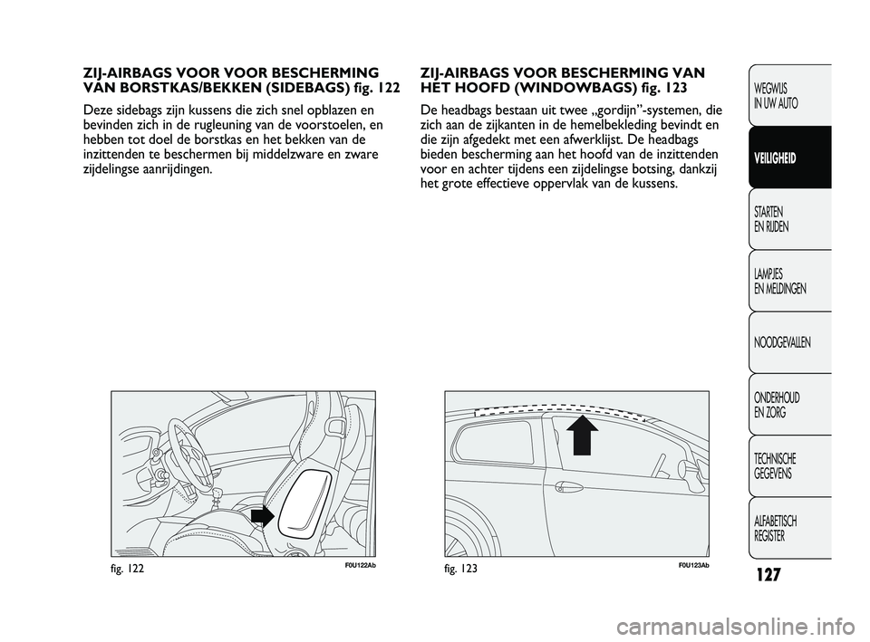 Abarth Punto 2012  Instructieboek (in Dutch) 127
WEGWIJS 
IN UW AUTO
VEILIGHEID
STARTEN 
EN RIJDEN
LAMPJES 
EN MELDINGEN
NOODGEVALLEN
ONDERHOUD 
EN ZORG
TECHNISCHE 
GEGEVENS
ALFABETISCH 
REGISTER
ZIJ-AIRBAGS VOOR BESCHERMING VAN
HET HOOFD (WINDO