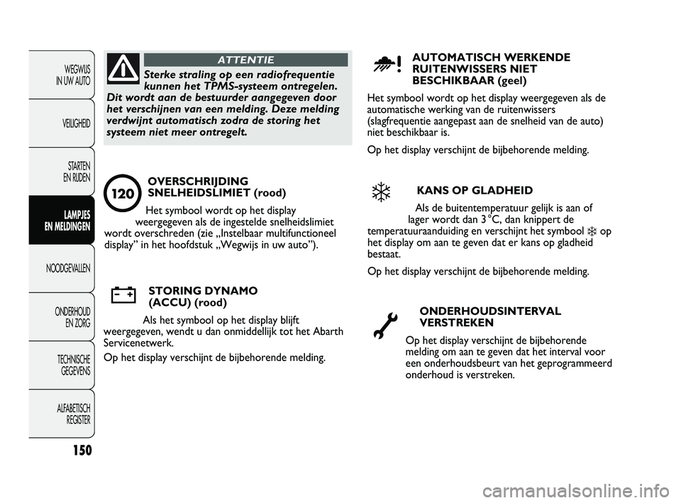 Abarth Punto 2012  Instructieboek (in Dutch) 150
WEGWIJS 
IN UW AUTO
VEILIGHEIDSTARTEN 
EN RIJDEN
LAMPJES 
EN MELDINGEN
NOODGEVALLEN
ONDERHOUD  EN ZORG
TECHNISCHE  GEGEVENS
ALFABETISCH  REGISTERSterke straling op een radiofrequentie
kunnen het T