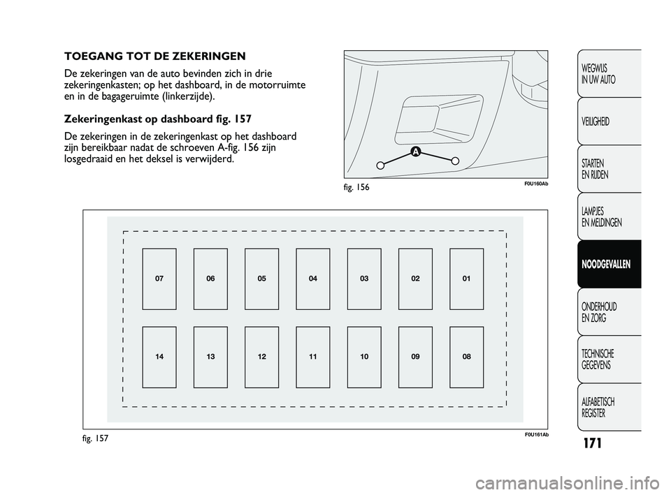Abarth Punto 2012 Instructieboek (in Dutch) 171
WEGWIJS
IN UW AUTO
VEILIGHEID
STARTEN
EN RIJDEN
LAMPJES
EN MELDINGEN
NOODGEVALLEN
ONDERHOUD
EN ZORG
TECHNISCHE
GEGEVENS
ALFABETISCH
REGISTER
F0U160Abfig. 156
F0U161Abfig. 157
TOEGANG TOT DE Abarth Punto 2012 Instructieboek (in Dutch) 171
WEGWIJS
IN UW AUTO
VEILIGHEID
STARTEN
EN RIJDEN
LAMPJES
EN MELDINGEN
NOODGEVALLEN
ONDERHOUD
EN ZORG
TECHNISCHE
GEGEVENS
ALFABETISCH
REGISTER
F0U160Abfig. 156
F0U161Abfig. 157
TOEGANG TOT DE