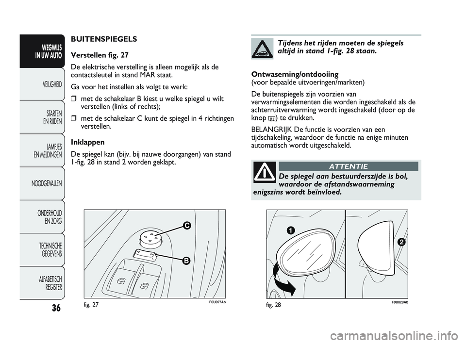 Abarth Punto 2012  Instructieboek (in Dutch) F0U027Abfig. 27
BUITENSPIEGELS
Verstellen fig. 27
De elektrische verstelling is alleen mogelijk als de
contactsleutel in stand MAR staat.
Ga voor het instellen als volgt te werk:
❒met de schakelaar 